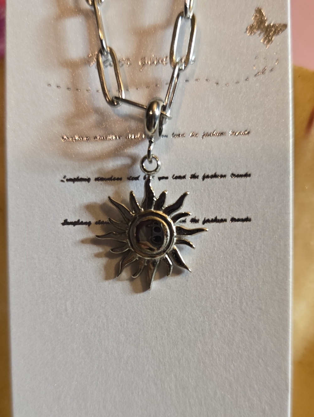 Sun Pendant Paperclip Chain Necklace - Silver Stainless Steel